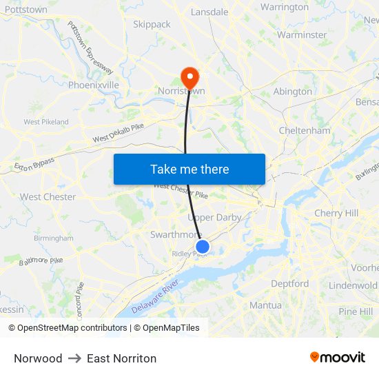 Norwood to East Norriton map