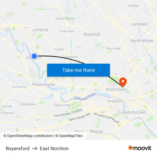 Royersford to East Norriton map