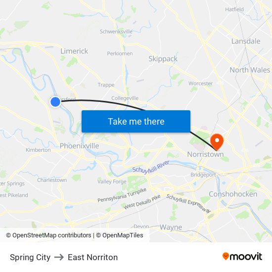 Spring City to East Norriton map