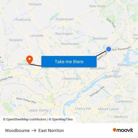 Woodbourne to East Norriton map