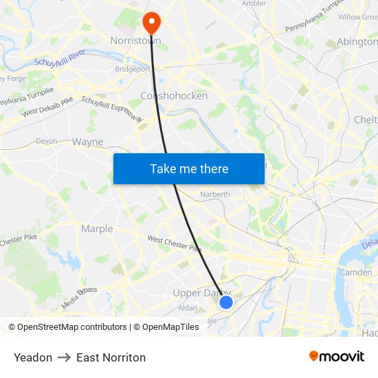 Yeadon to East Norriton map