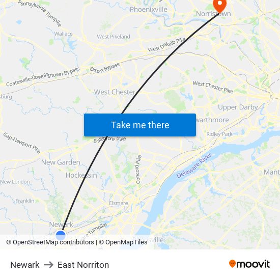 Newark to East Norriton map