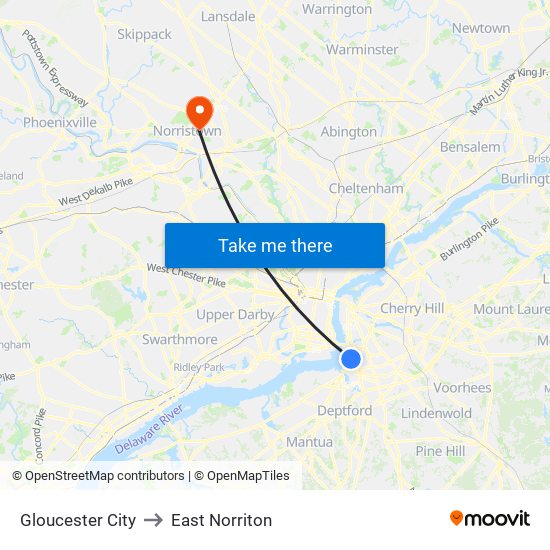 Gloucester City to East Norriton map