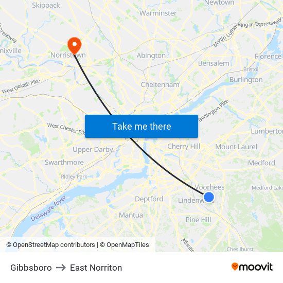 Gibbsboro to East Norriton map
