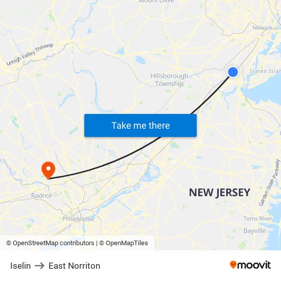 Iselin to East Norriton map