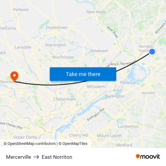 Mercerville to East Norriton map