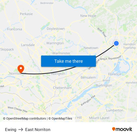 Ewing to East Norriton map