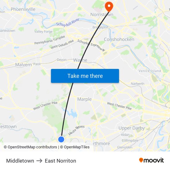 Middletown to East Norriton map