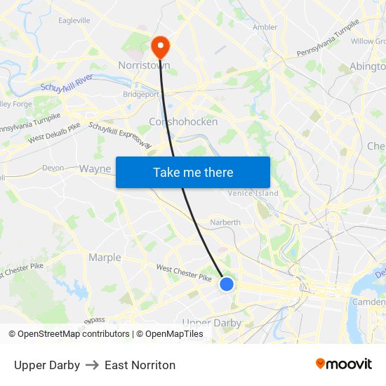 Upper Darby to East Norriton map