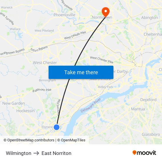 Wilmington to East Norriton map