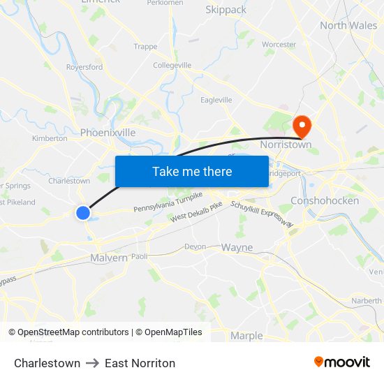 Charlestown to East Norriton map