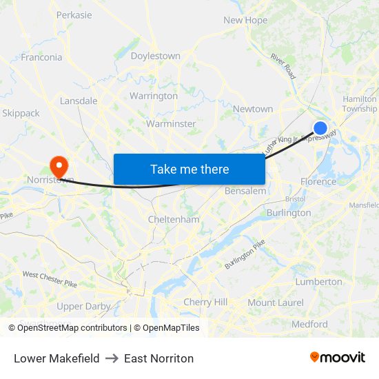 Lower Makefield to East Norriton map