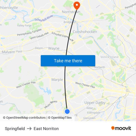 Springfield to East Norriton map