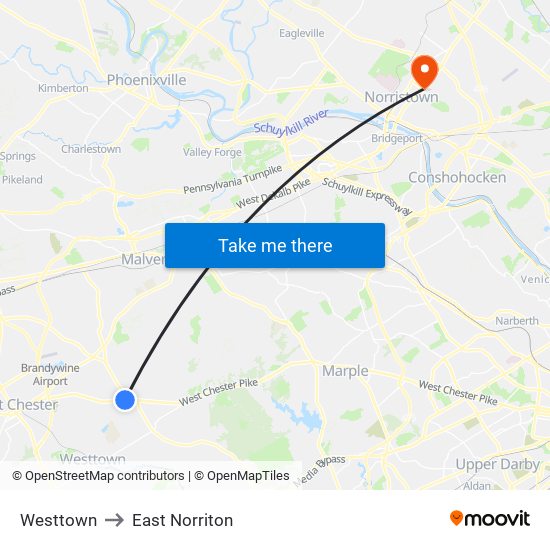 Westtown to East Norriton map