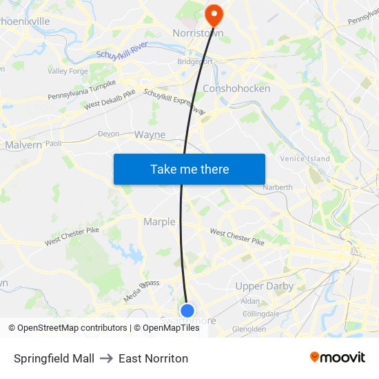 Springfield Mall to East Norriton map