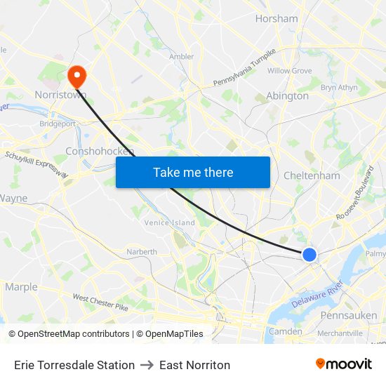 Erie Torresdale Station to East Norriton map