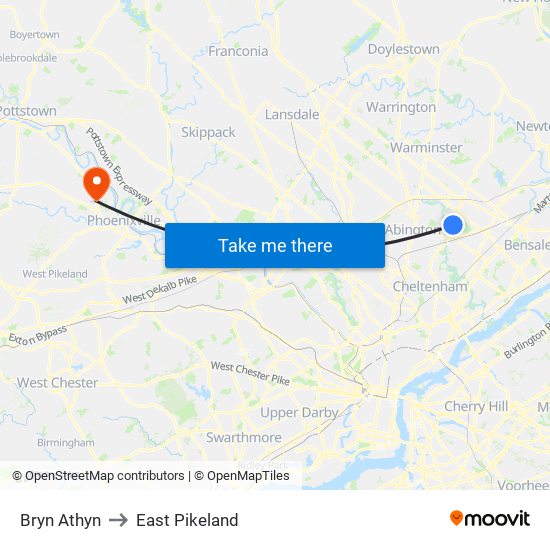 Bryn Athyn to East Pikeland map
