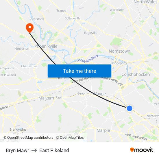 Bryn Mawr to East Pikeland map