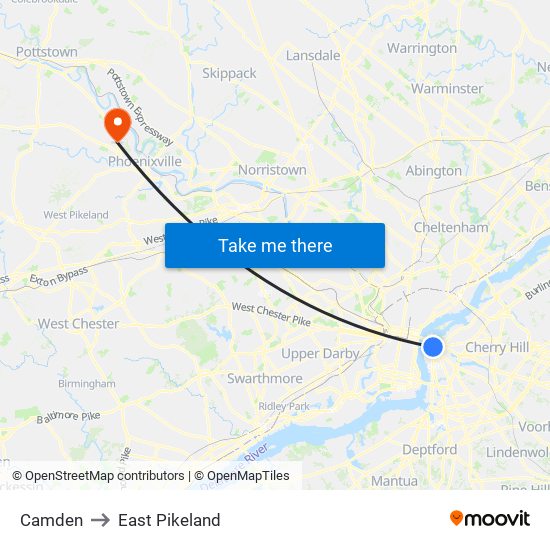 Camden to East Pikeland map