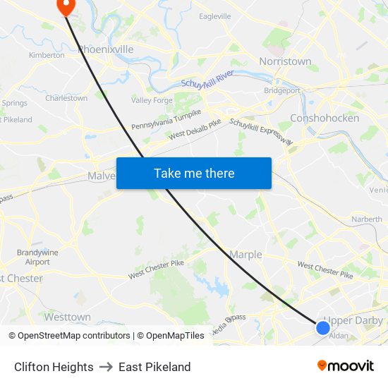 Clifton Heights to East Pikeland map