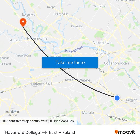 Haverford College to East Pikeland map