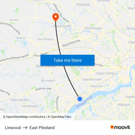 Linwood to East Pikeland map