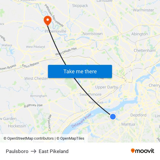 Paulsboro to East Pikeland map