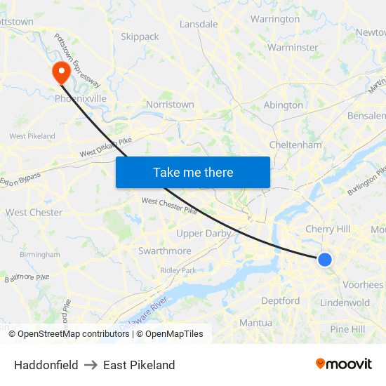 Haddonfield to East Pikeland map
