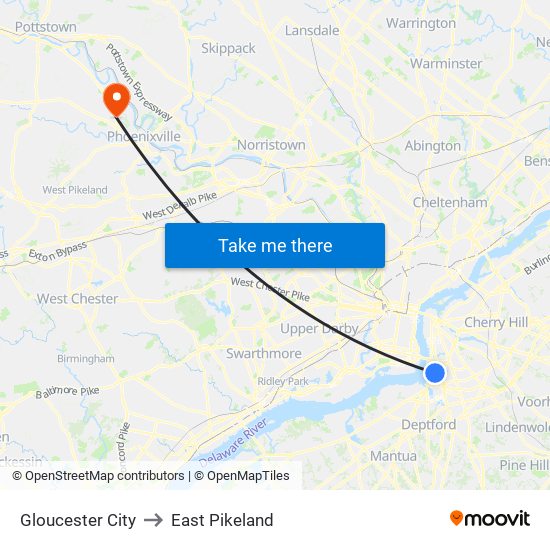 Gloucester City to East Pikeland map