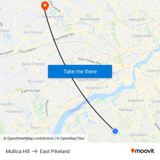 Mullica Hill to East Pikeland map