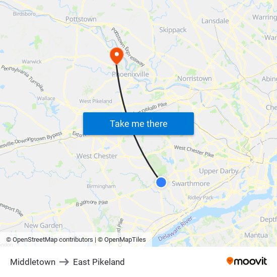 Middletown to East Pikeland map
