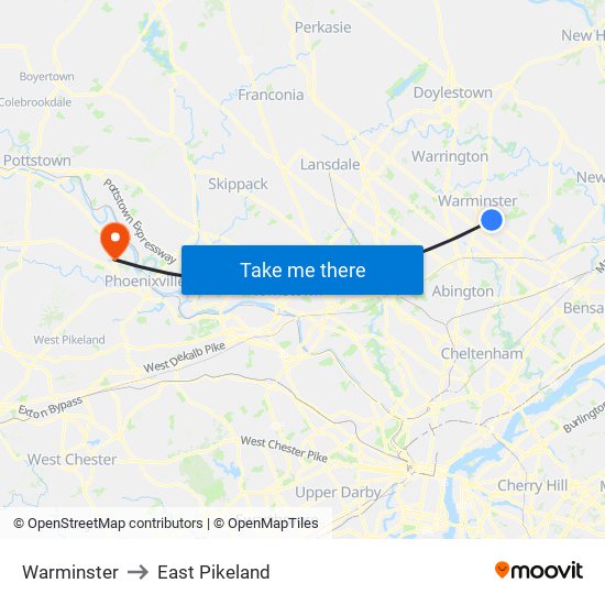 Warminster to East Pikeland map