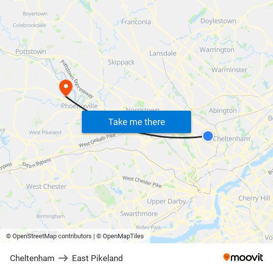 Cheltenham to East Pikeland map