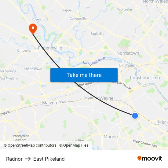 Radnor to East Pikeland map