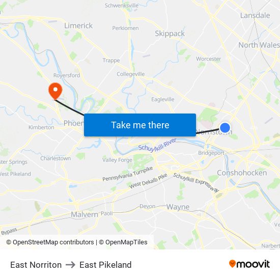 East Norriton to East Pikeland map