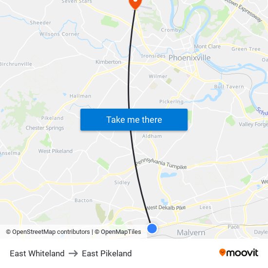 East Whiteland to East Pikeland map