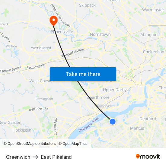 Greenwich to East Pikeland map