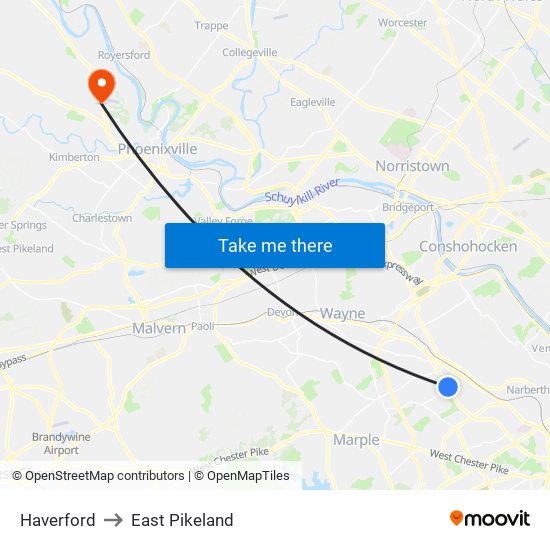 Haverford to East Pikeland map