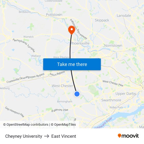 Cheyney University to East Vincent map