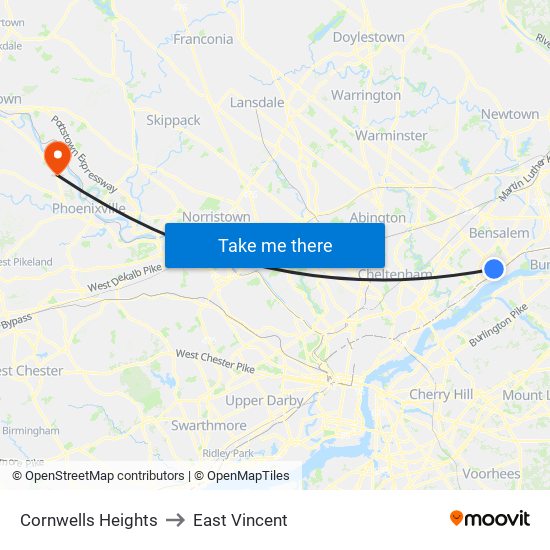 Cornwells Heights to East Vincent map