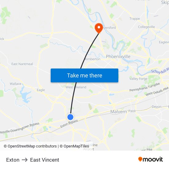 Exton to East Vincent map