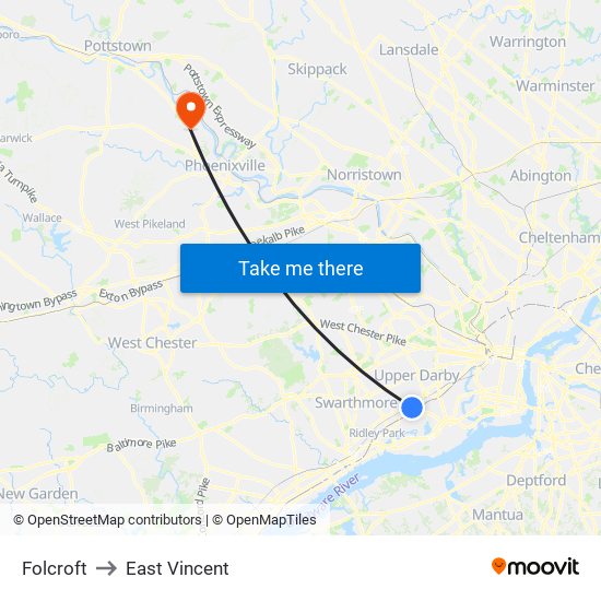 Folcroft to East Vincent map