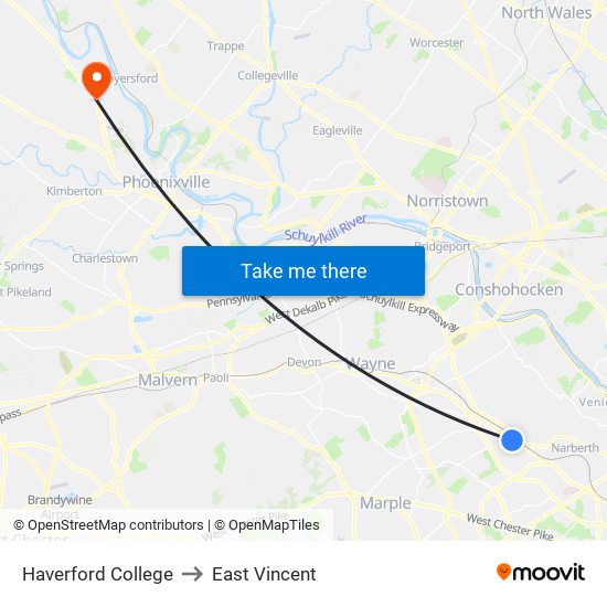 Haverford College to East Vincent map