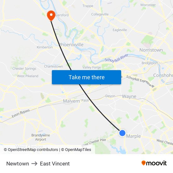 Newtown to East Vincent map