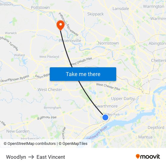 Woodlyn to East Vincent map