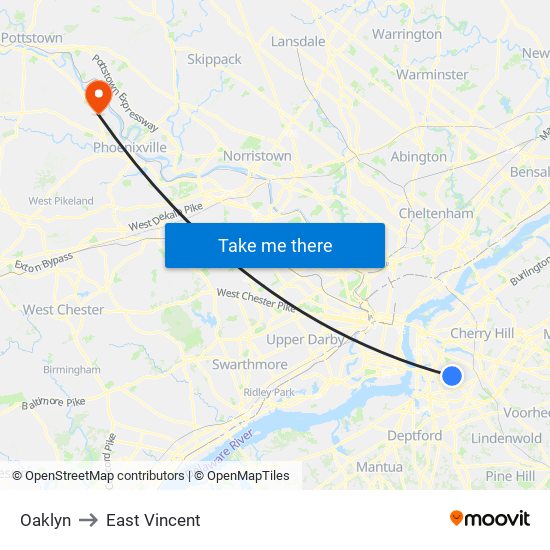 Oaklyn to East Vincent map
