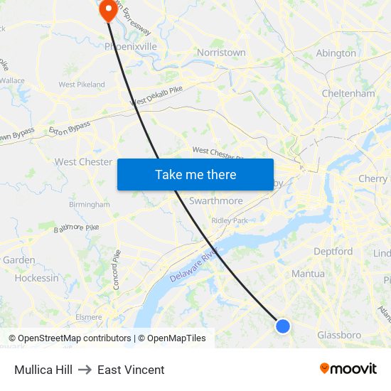 Mullica Hill to East Vincent map