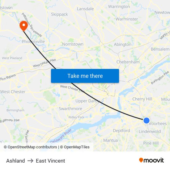 Ashland to East Vincent map