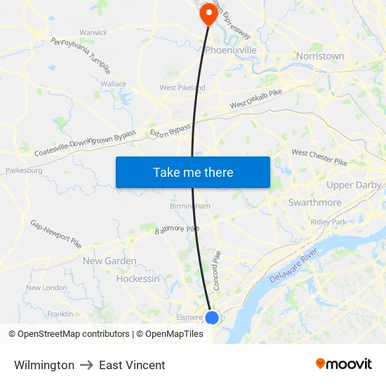 Wilmington to East Vincent map