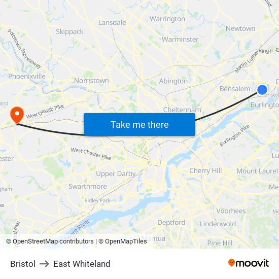 Bristol to East Whiteland map